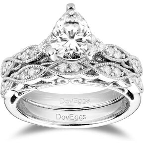 DovEggs Moissanite Engagement Ring for Women 1.5ct Center 6X8mm G-H-I Color Pear Shaped Cut Vintage/Antique Moissanite Wedding Ring Sets 14k Gold Quality Silver