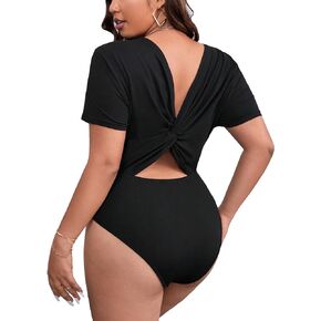 Floerns Women's Plus Size Twist Back Short Sleeve Cut Out Bodysuit Jumpsuit