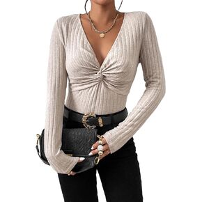 OYOANGLE Women's Long Sleeve V Neck Twist Front Ribbed Knit Skinny Bodysuit Tee Top