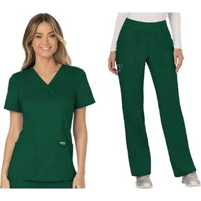 مجموعة ملابس العمل للسيدات من Cherokee Revolution WW610 Mock Wrap Top & WW110 منتصف الارتفاع مستقيم الساق سحب على بانت، Hunter Green - 2XL Top / 2XL Pant in Saudi Arabia