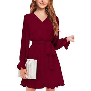 2023 Girls Dresses Long Sleeve Kids Fall Pleated Dress Wrap Belt Flowy Teen Girls Fashion Clothes Outfits in Kuwait