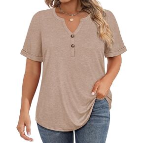 CARCOS Womens Plus Size Tops Puff Short Sleeve V Neck Shirts Solid/Floral Summer Tshirt Casual Blouse Loose fit Tunics XL-5XL