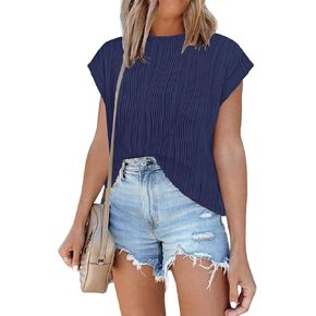 قمصان نسائية صيفية بأكمام قصيرة مزخرفة بأكمام قصيرة 2024 متماسكة صلبة فضفاضة غير رسمية تي شيرت أساسي تي شيرت بلوزات in Kuwait