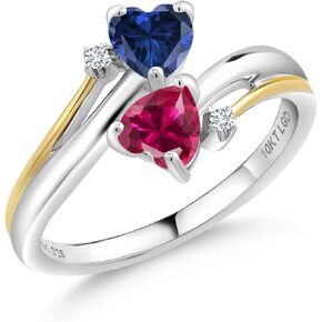 925 Silver and 10K Yellow Gold Blue Created Sapphire Red Created Ruby and Lab Grown Diamond 2 Heart Promise Couple Engagement Mother Ring For Women (1.12 Cttw, Available In Size 5, 6, 7, 8, 9)