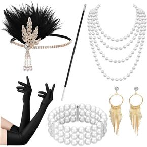 Axderuvo 1920s Accessories for Women Flapper Accessories Set Roaring 20s Flapper Headband, Earrings, Pearl Necklace, Bracelet, Gloves, Handheld (Black)
