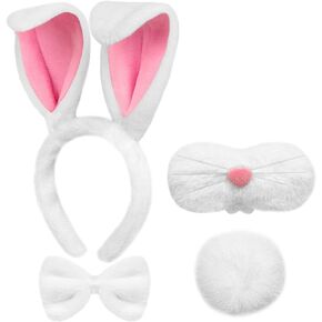 Easter Bunny Costume for Adults and Kids, White Plush Easter Bunny Ears Headband, Bowtie, Nose, Bunny Tail Set, Easter Rabbit Ears Headband Bunny Cosplay Dress up Accessories Easter Party Supplies