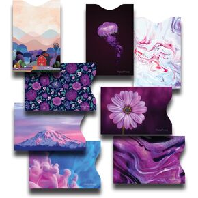 8 RFID Blocking Sleeves, Unique Designs and Arts in Purple, Anti-Theft Credit Card Holder, Credit Card Protector, Easy to Recognize, Sturdy and Perfect size for cards