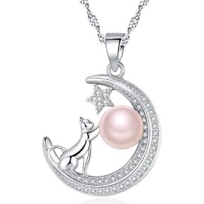 Necklace for Women Freshwater Pearl Necklace Silver Cat Necklace Gold Necklace Cat Christmas Gift for Girlfriend Gift 16+2'' in Saudi Arabia