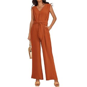 PRETTYGARDEN Summer Outfits 2024 Wide Leg Jumpsuits for Women Casual V Neck Sleeveless Belted High Waist Long Pants Rompers in Saudi Arabia