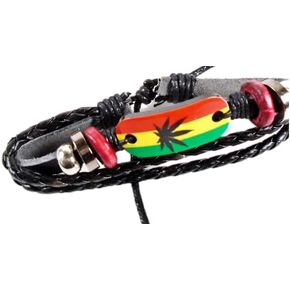 Multi Strand Leather Bracelets with Rasta Leaf Plaque, Leather Bracelet with Rasta Color Jamaica Jewelry, Reggae bracelet with Rasta Colors Leaf