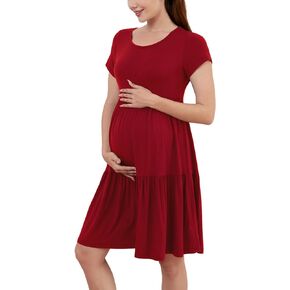 PARNIXS Women's Summer Short Sleeve Maternity Dress Patchwork Pregnancy Clothes