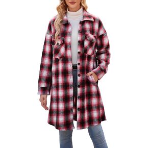 Women's Plaid Shirt Shacket Jacket 2024 Casual Button Down Long Sleeve Tartan Long Lapel Woolen Coats with Pockets