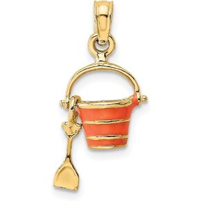 Solid 14k Yellow Gold 2-D Orange Enameled Beach Bucket Moveable Shovel Charm Pendant - 15mm x 9mm
