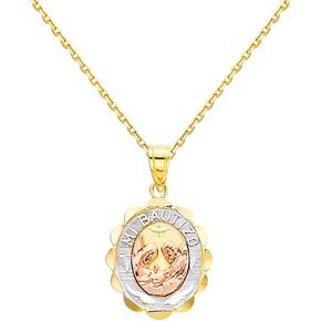 The World Jewelry Center 14k Tri-Color Gold Religious Baptism Pendant with 0.9mm Cable Chain Necklace