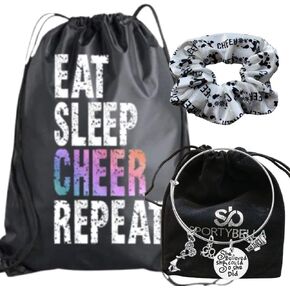 Sportybella Cheerleader Gift Bundle, Girls Cheer She Did Bangle Bracelet, Drawstring Bag and Scrunchie Gift Set, Girls Cheerleading Accessories, Premium Cheer Scrunchie For Cheerleaders and Teams