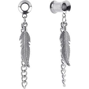 CAIRIAC Feather Ear Gauges Dangle Plugs Tunnel for Ears, 2g 6mm Gauges for Ears, Dangle Gauges with Chain, Stainless Steel Feather Chain Dangle Tunnels Plugs Earrings Hollow Gauges (Silvery)