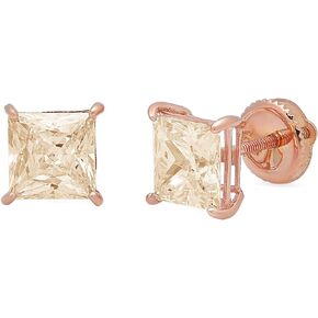 Clara Pucci 4.1 ct Brilliant Princess Cut Solitaire VVS1 Flawless Natural Brown Morganite Gemstone Pair of Stud Earrings Solid 18K Rose Gold Screw Back