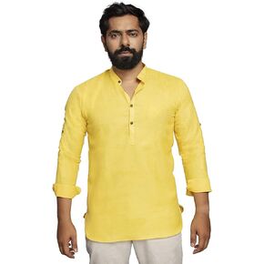 GURU JEE™ Men's Henley Shirt Solid Colors Regular Fit Cotton Blend Casual Short Kurta Top Shirt Cotton,GJ-MK-Yellow-44
