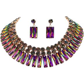 Rosemarie & Jubalee Women's Stunning Gold Tone With Mesmerizing Rainbow Vitrail Crystal Rhinestones Statement Bib Necklace Earrings Gift Set, 15.5"+4" Extender
