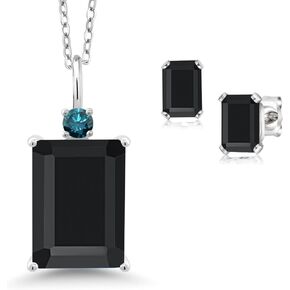Gem Stone King 925 Sterling Silver Black Onyx and Blue Diamond Pendant Necklace Earrings Set For Women (7.82 Cttw, Gemstone December Birthstone, Emerald Cut 14X10MM and 6X4MM, with 18 Inch Chain)