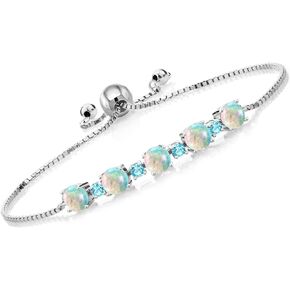 Gem Stone King 925 Sterling Silver Round Cabochon White Simulated Opal and Swiss Blue Topaz Tennis Bracelet For Women (2.82 Cttw, Gemstone Birthstone, Fully Adjustable Up to 9 Inch)
