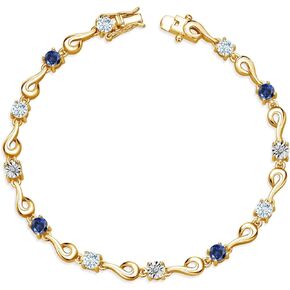 18K Yellow Gold Plated Silver Sky Blue Aquamarine and Blue Created Sapphire and White Lab Grown Diamond Bracelet For Women (2.27 Cttw, Gemstone March Birthstone, Round 4MM, 6.5, 7, 7.5 Inches)