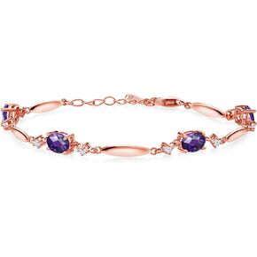 Gem Stone King 18K Rose Gold Plated Silver Purple Amethyst and White Zirconia Tennis Bracelet For Women | 3.24 Cttw | Gemstone February Birthstone | Oval Checkerboard 7X5MM | 6 Inch + 1 Inch Extender