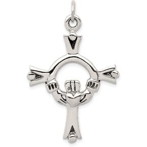 Solid 925 Sterling Silver Vintage Antiqued Celtic Irish Claddagh Cross Charm Pendant - 42mm x 25mm