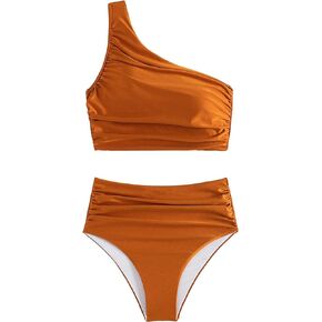Milumia Women's 2 Piece One Shoulder Bikini Swimsuits Ruched High Waisted Bathing Suit