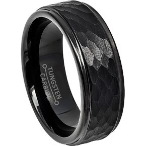 Hammered Finish Black Tungsten Ring, Black IP Mens Tungsten Wedding Band Comfort Fit