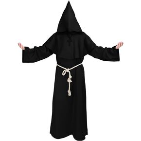 Kitimi Monk Costume Adult, Hooded Monk Robe Medieval Cloak, Renaissance Cosplay Priest Costume Halloween Costumes for Men