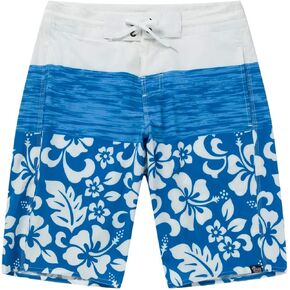 Men's Spandex Hawaiian Beach Board Shorts with Zipped Pocket in Classic Hibiscus Print