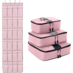 Gorilla Grip Mesh Shoe Organizer and 3 Piece Packing Cubes, Shoe Holder has 24 Pockets, Holds Up To 40 Lbs, Space Saving Travel Bags for Carry On in Multiple Sizes, Both in Pink, 2 Item Bundle