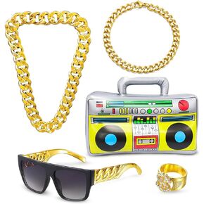 80s/ 90s Hip Hop Costume Kit Cool Rapper Outfits Metal Chain Flat Top Sunglasses Rapper Big Links Chain Necklace Bracelet Ring and Radio Yellow