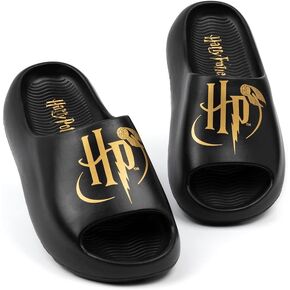 Harry Potter Kids Sliders | Boys & Girls Black Moulded Sandals with Golden Snitch HP Logo in Foil | Slip-on Pool Footwear