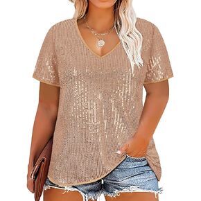 CARCOS Plus Size Sequin Top for Women Short Sleeve Party Blouse Evening Sparkle Shimmer V Neck Glitter Shirt Ladies XL-5XL