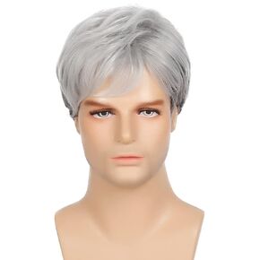 Grey Short Wigs for Men Natural Layered Synthetic Hair Cosplay Halloween Costume Wigs for Male Guy