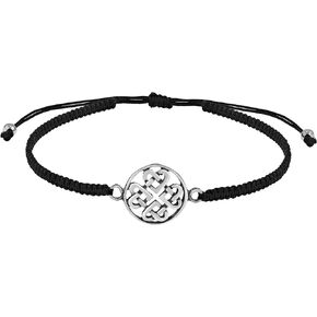 AeraVida Tangled Clover Heart Knot .925 Sterling Silver Charm on Black Adjustable Bracelet