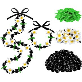 Kathfly 142 Pcs DIY Graduation Hawaiian Leis Kukui Nut Bead Necklace with Ribbon Tie Closure Foam Hawaiian Frangipani Artificial Plumeria Fake Fabric Leaves Hawaiian Kukui Nut Necklace Graduation Gift in Kuwait