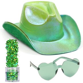 Funcredible Green Cowboy Hat and Glasses - Green Sparkly Holographic Cowboy Hat for Women - Cowgirl Costume Accessories