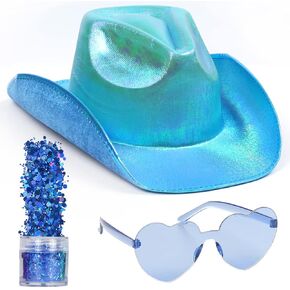 Funcredible Green Cowboy Hat and Glasses - Green Sparkly Holographic Cowboy Hat for Women - Cowgirl Costume Accessories