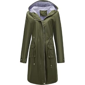 Women's Hooded Rain Jacket Long Waterproof Raincoat Casual Full Zip Anorak Midi Windbreaker Pockets