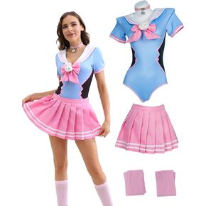 Mobbunny Women Bunny Bodysuit Skirt Set With Socks Romper Onesie Pajamas Button Crotch Daily Halloween
