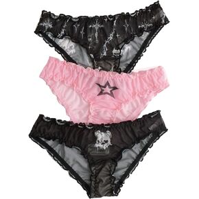 SHENHE Women's 3 Piece Sets Mesh Goth Panties Lettuce Trim Low Rise Cute Underwear