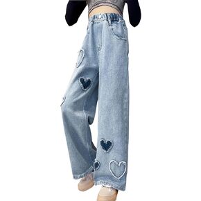 NABER Kids Girls Lovely Heart Pattern Printed Denim Pants Elastic Waist Loose Straight Jeans for 5-15 Years