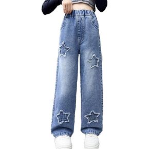 Kids Girls Jeans Elastic Print Casual Baggy Denim Pants Straight Wide Leg Jeans Age 4-14 Years