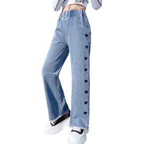 NABER Kids Girls Lovely Heart Pattern Printed Denim Pants Elastic Waist Loose Straight Jeans for 5-15 Years