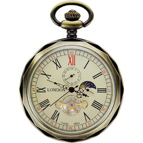 Mechanical Pocket Watches Roman Numerals Open Face with Chain Men 24-Hour Moon Sun + Box