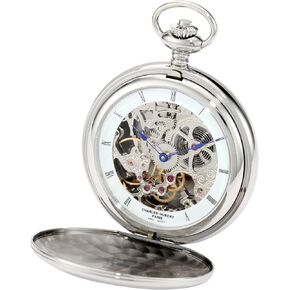 Charles-Hubert, Paris 3904-W Premium Collection Stainless Steel Polished Finish Double Hunter Case Mechanical Pocket Watch