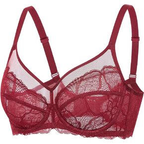 DOBREVA Women's Sexy Lace Sheer Bra Unlined Minimizer Underwire Full Coverage See Through Bras